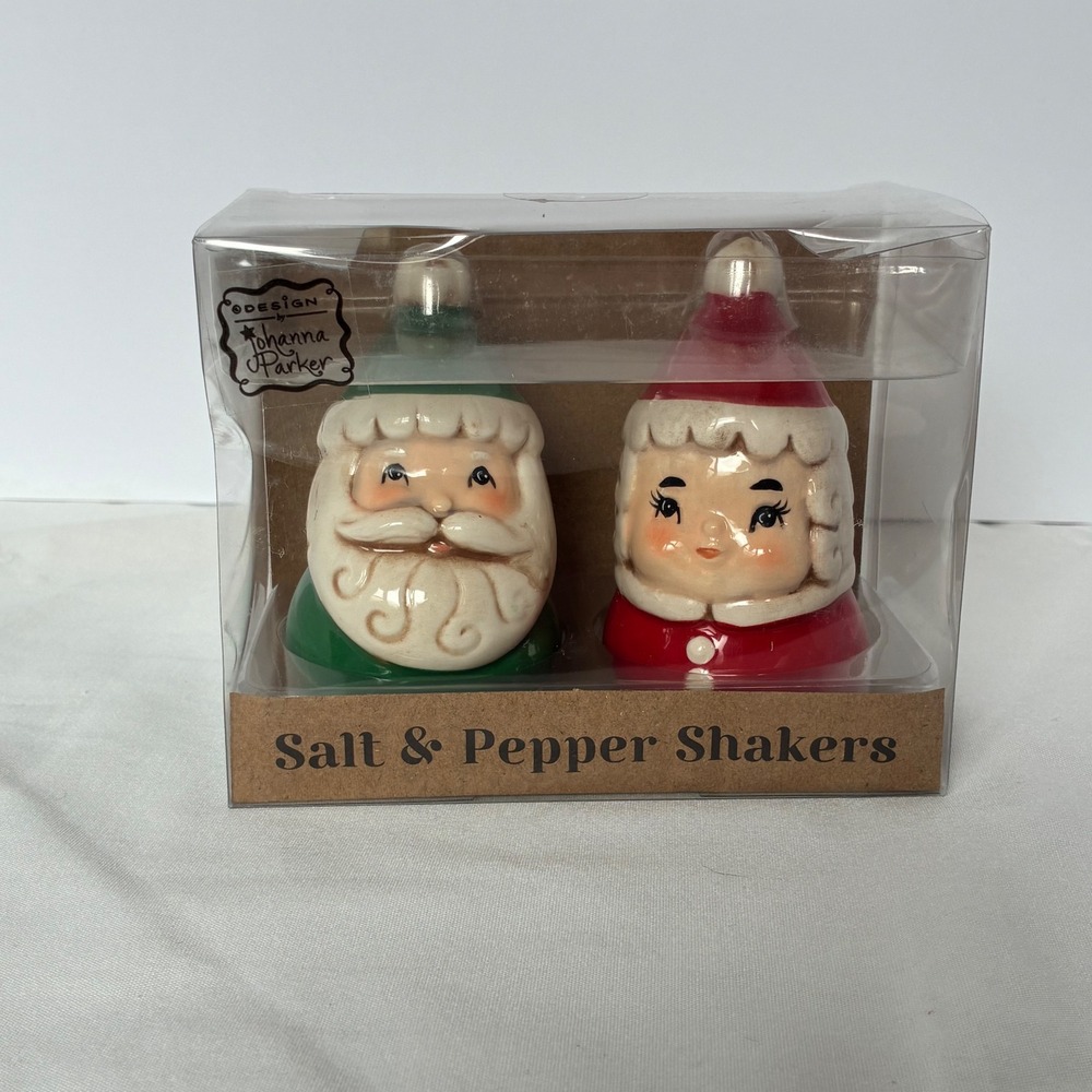 Johanna Parker Salt & Pepper Shakers Red Green Santa Mrs Claus Xmas Folk Retro